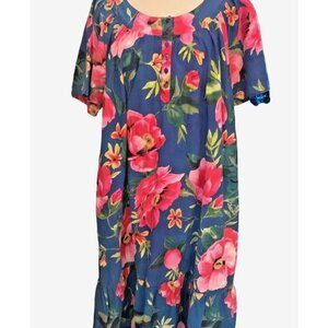 Vintage Ladies Mumu Dress w Pockets Tropical Floral MED Cotton Midi Blue w Pink